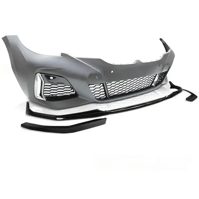 Støtfanger foran Performance Style PDC Glossy Black til BMW G20/G21 med sølvgrill og sorte monteringsdeler.