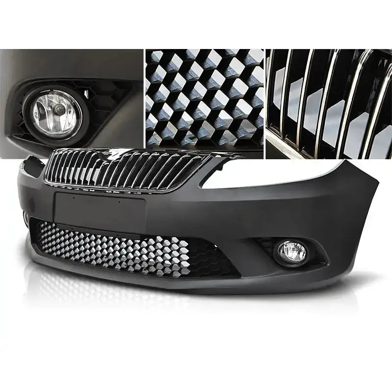 Frontfanger til Skoda Fabia II RS med sølv grill og tåkelys, sett forfra med detaljert visning.