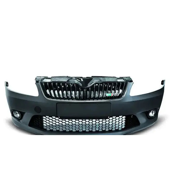 Front bumper for Skoda Fabia II RS 2010-2014, svart støtfanger vist mot hvit bakgrunn.
