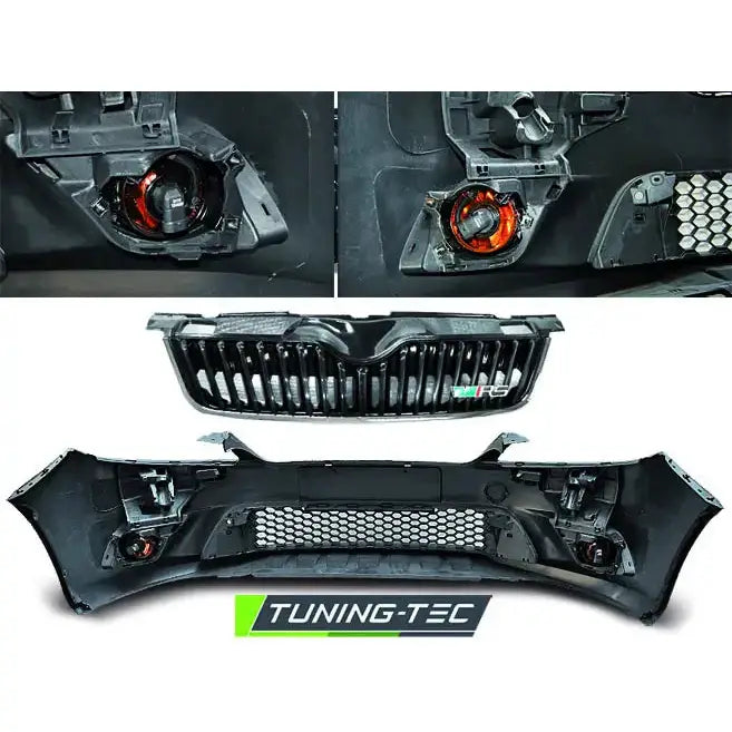 Frontbumper Skoda Fabia II RS med svart grill, bikubemønster og oransje detaljer rundt tåkelys.
