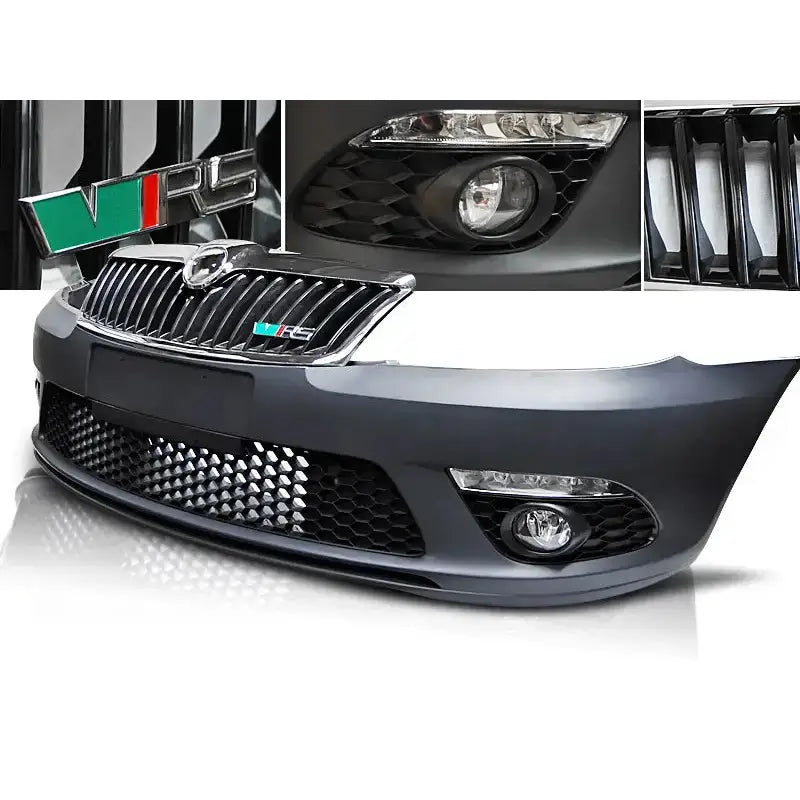 Frontfanger til Skoda Octavia II FACELIFT 09-13 RS med sort og grå plast, grill og tåkelys.