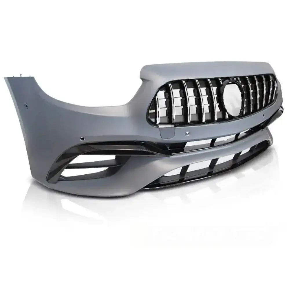Støtfanger foran Sport E63 chrome grill Mercedes W213, grå med sort grill og glanset finish, skrå vinkel.