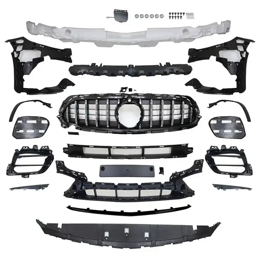 Støtfanger foran Sport E63 Chrome Grill Mercedes W213 20-23 med grill, luftinntak og skruer sett ovenfra.