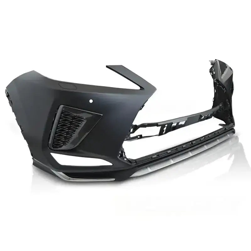 Støtfanger foran Sport Look PDC til Lexus RX 19-, sort plast med gitter og markerte linjer, skrå vinkel.