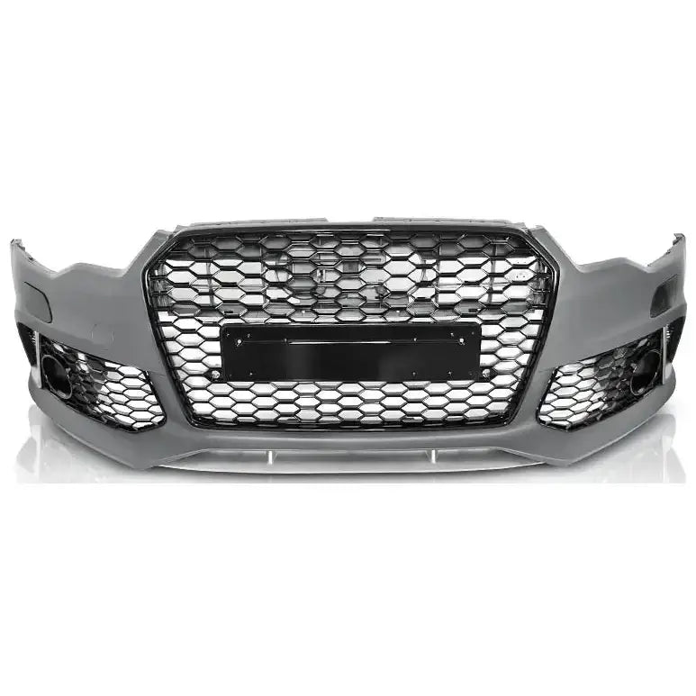 Frontfanger til Audi A6 C7 11-14 med sort bikakemønstret grill og plass for nummerskilt i midten.