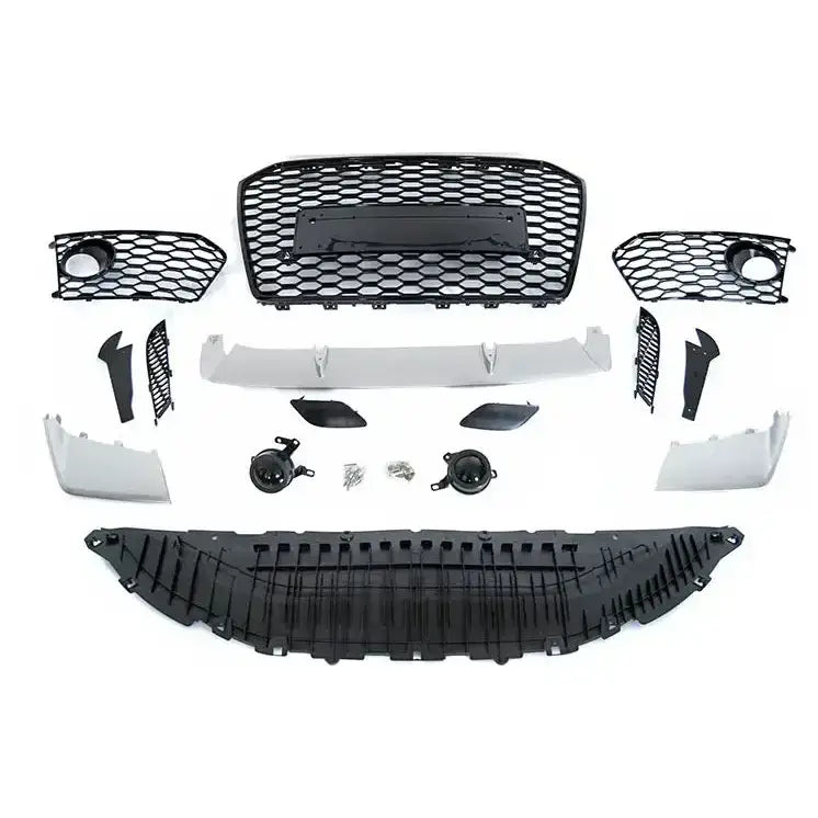 Front bumper komplett sett til Audi A6 C7 11-14 med grill og lykteinnsatser på hvit bakgrunn.