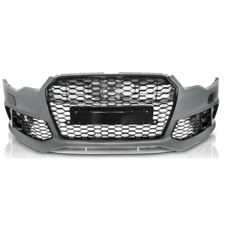 Frontfanger til Audi A6 C7 14-18 Sport PDC med sort bikubemønstret grill og synlige luftinntak.