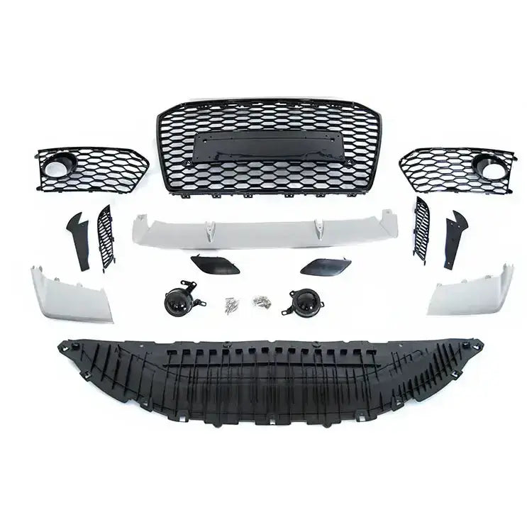 Front bumper sett til Audi A6 C7 14-18 med grill og deler i sort og grå plast, sett ovenfra.
