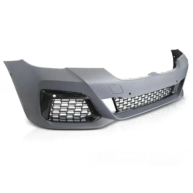Støtfanger foran Sport PDC til BMW G30 G31 LCI i matt grå plast med sorte bikubemønstrede luftinntak.