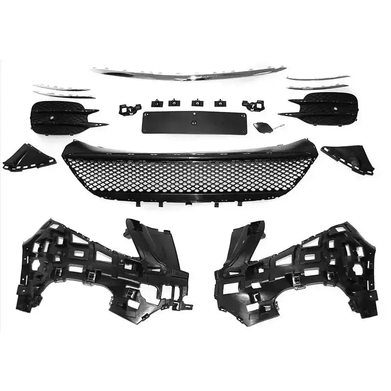 Frontbumper Sport PDC til Mercedes V-Klasse W447 14-19, sorte plastdeler og gitter arrangert på hvit bakgrunn.
