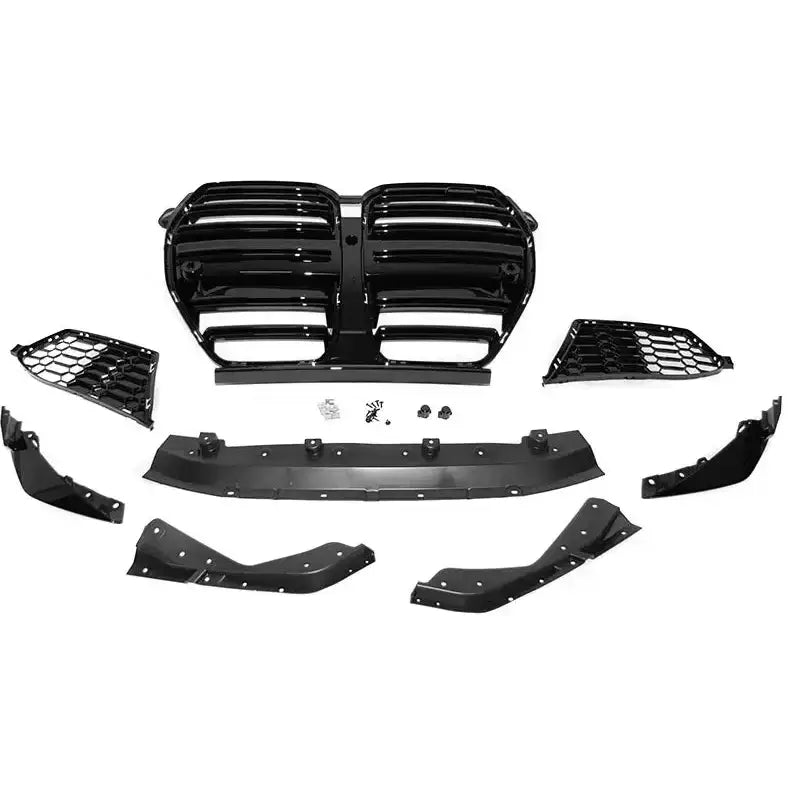 Front bumper sett til Bmw G20/G21 Sport Style med svart grill, sidegitter og monteringsskruer på hvit bakgrunn.