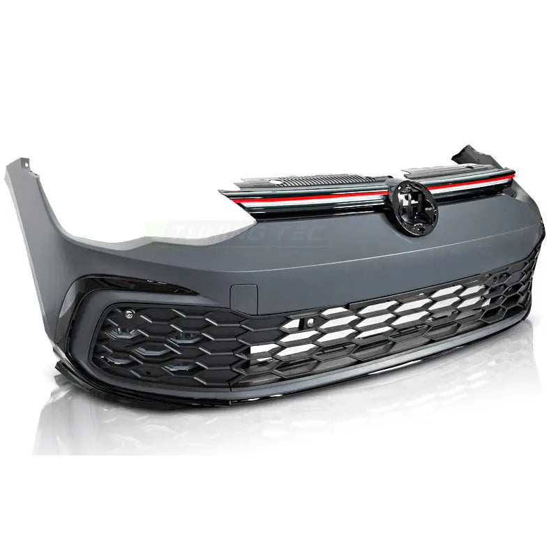 Støtfanger foran Sport til Volkswagen Golf 8 i matt grå og svart med rød stripe, sett fra skrå vinkel.