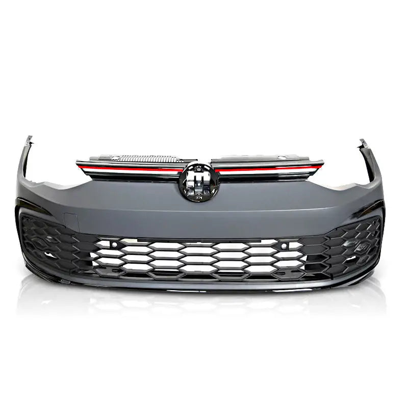 Frontfanger til Volkswagen Golf 8, sort plast med bikubemønstret grill og røde dekorlinjer, sett forfra.