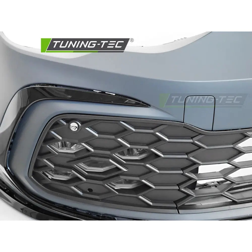 Front bumper til Volkswagen Golf 8 sport med matt grå grill, sekskantmønster og rund sensor.