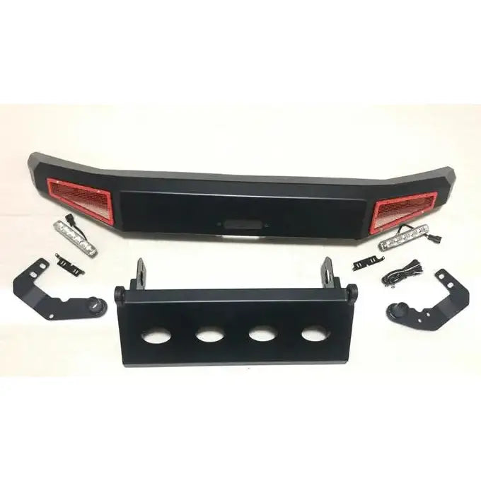 Støtfanger foran stål til Suzuki Jimny 18-, sett ovenfra med røde reflekser og monteringsdeler.