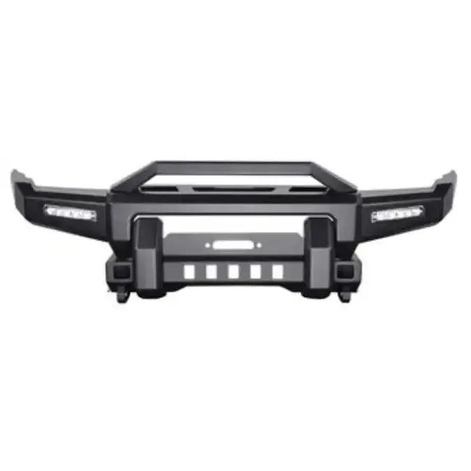 Frontfanger til Suzuki Jimny 97-17 i sort stål med LED-lys og robuste festepunkter, sett rett forfra.