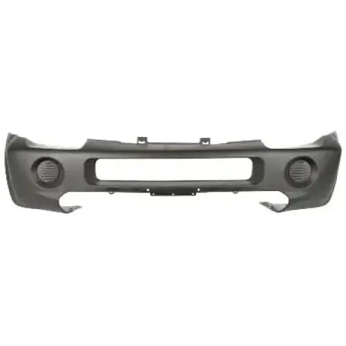 Støtfanger foran til Suzuki Jimny 98-, sort plast med åpning i midten og runde utsparinger, sett forfra.