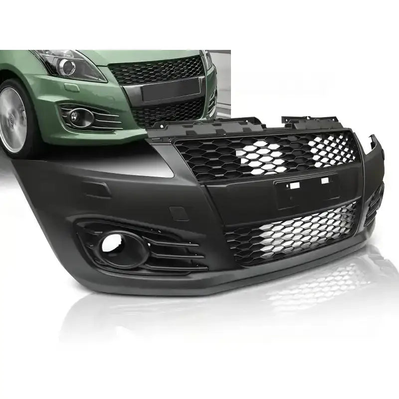 Støtfanger foran Suzuki Swift V 10-17 Sport Style i sort plast med bikakemønstret grill og tåkelysåpninger.