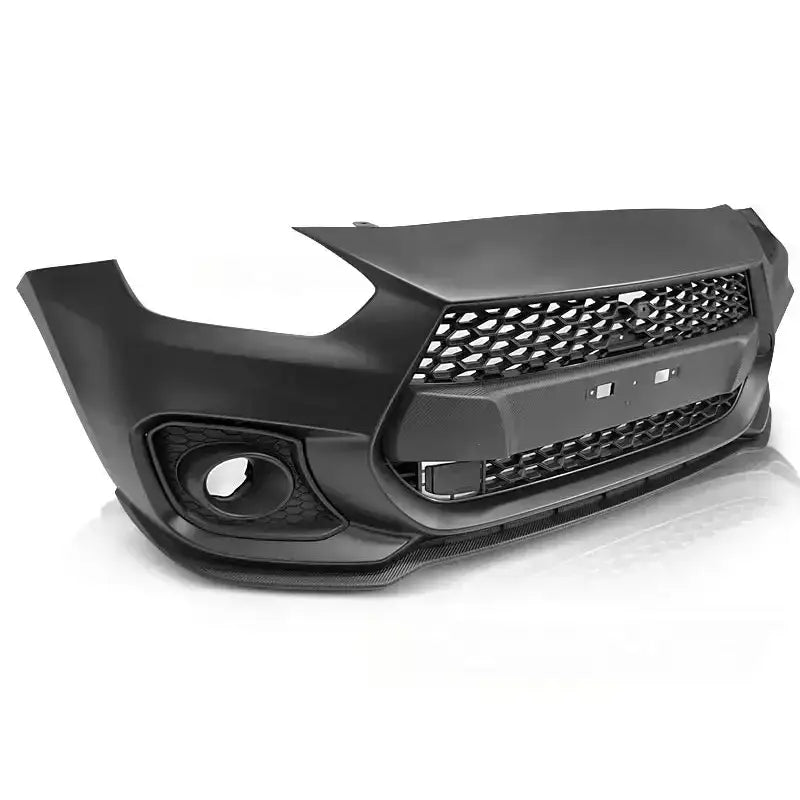 Støtfanger foran Suzuki Swift VI Sport Style i sort plast med grillmønster og åpning til tåkelys venstre.