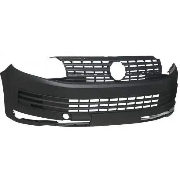 Støtfanger foran til Volkswagen T6 svart plast med gittermønster og åpning til emblem, sett rett forfra.