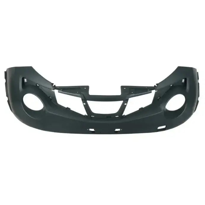 Støtfanger foran til Nissan Juke 10-14 i sort plast med åpninger for lykter og grill, sett forfra.