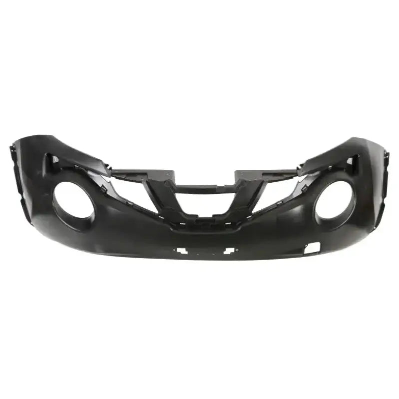 Støtfanger foran til Nissan Juke 14-, sort plast med runde åpninger og monteringsspor, sett forfra.