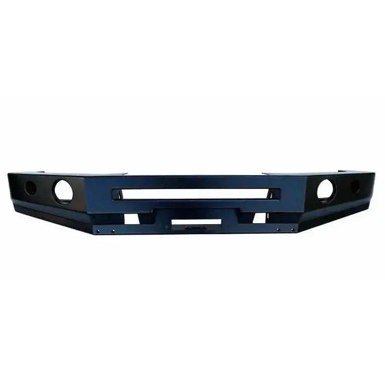 Støtfanger foran til Toyota Land Cruiser HZJ78 i sort metall med to runde hull og rektangulære åpninger.