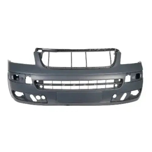 Støtfanger foran Volkswagen T5 03-15 i sort plast med åpninger for lykter og grill, sett rett forfra.
