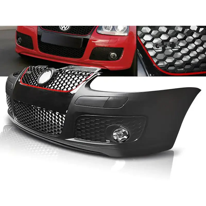 Støtfanger foran VW Golf 5 GTI Style i sort med bikubemønster, røde detaljer og synlig tåkelysinnsats.