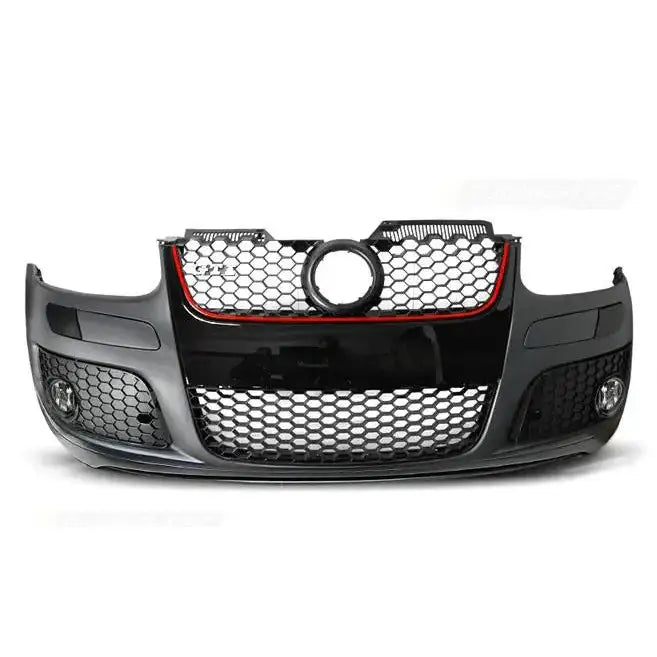 Front bumper til VW Golf 5 GTI Style, sort med bikubemønstret grill og rød kant, sett rett forfra.
