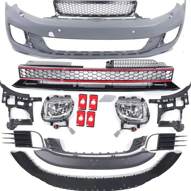 Front bumper komplett sett til VW Golf 6 GTI Style PDC med lykter, gitter og røde komponenter.