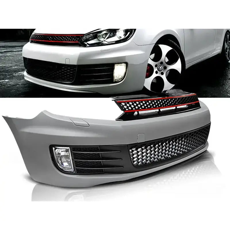 Støtfanger foran til VW Golf 6 Hatchback GTI Style med sorte detaljer, diamantmønster og rød stripe.