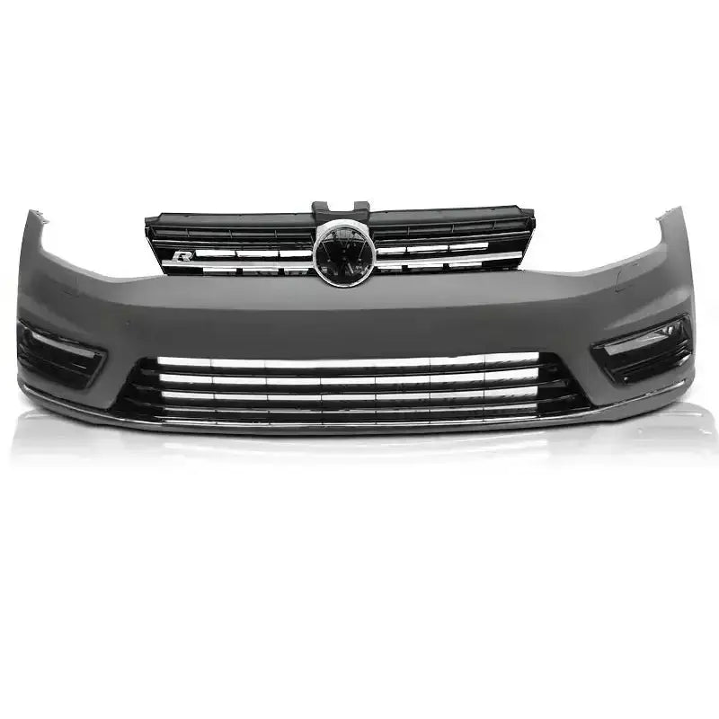 Frontfanger Vw Golf 7 13-17 R-Line Look med grill i sort og grå plast og kromdetaljer, sett forfra.