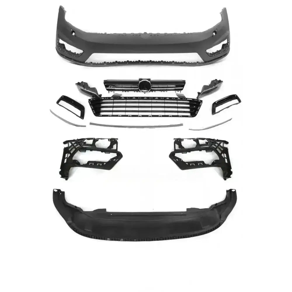 Frontbumper til Vw Golf 7 13-17 R-Line Look med sorte plastdeler, grill og lister arrangert på hvit bakgrunn.