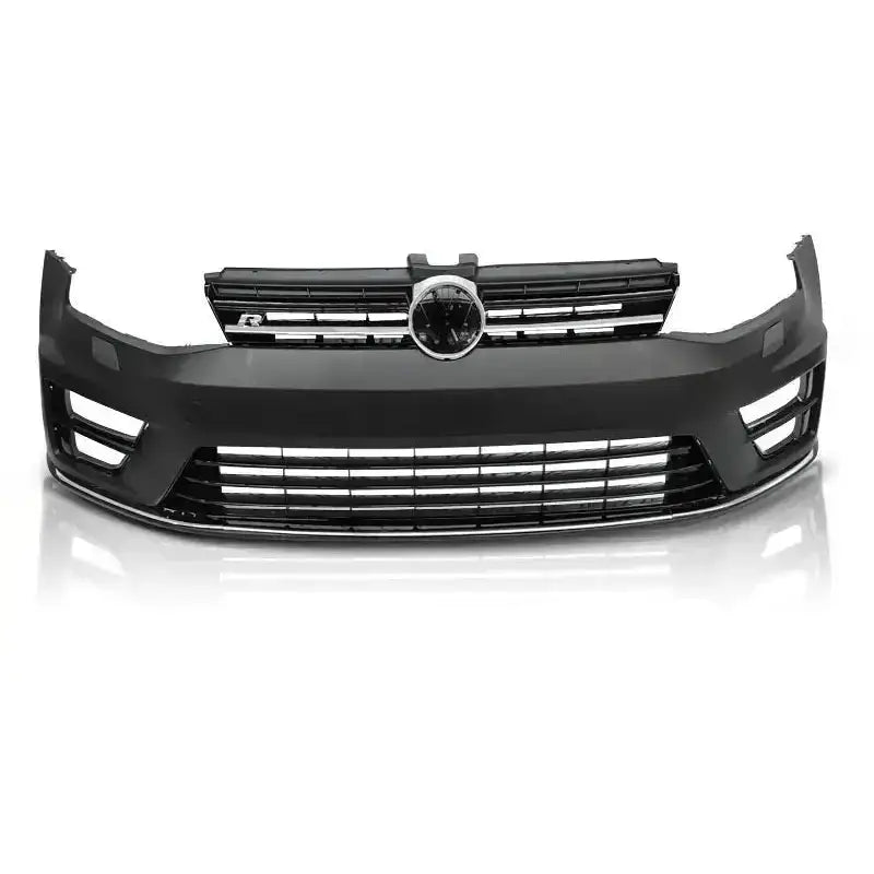 Frontfanger til Vw Golf 7 R Look, sort plast med grill og sølvdetaljer, sett rett forfra.