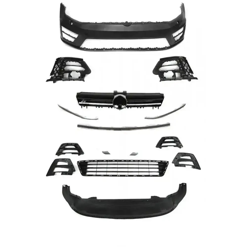 Frontbumper til Vw Golf 7 13-17 R Look sett med grill, lister og innramminger mot hvit bakgrunn.