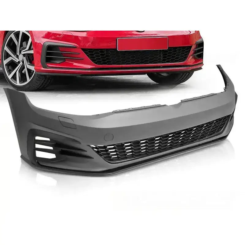 Støtfanger foran Vw Golf 7 GTI Style matt svart med luftinntak, sett forfra sammenlignet med rød bil.