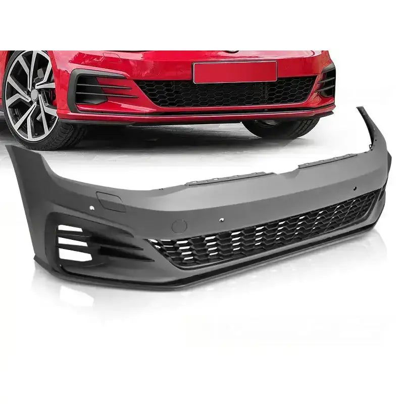 Støtfanger foran Vw Golf 7 GTI Style PDC, svart plast med luftinntak, sammenlignet med rød bil i bakgrunnen.