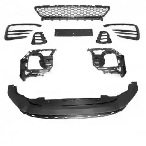 Front bumper komplett sett til VW Golf 7 GTI Style 17-19 med svarte plastdeler sett ovenfra.