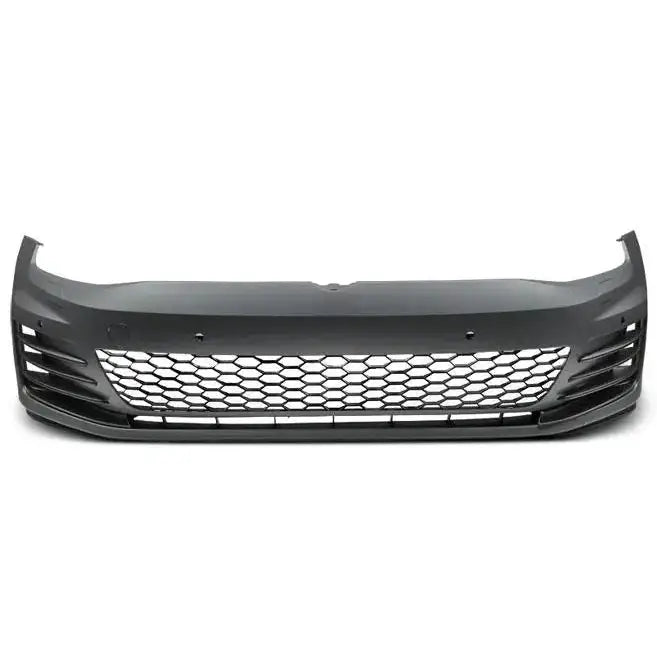 Front bumper til VW Golf 7 GTI Style PDC, sort matt plast med sekskantet netting og ribber.