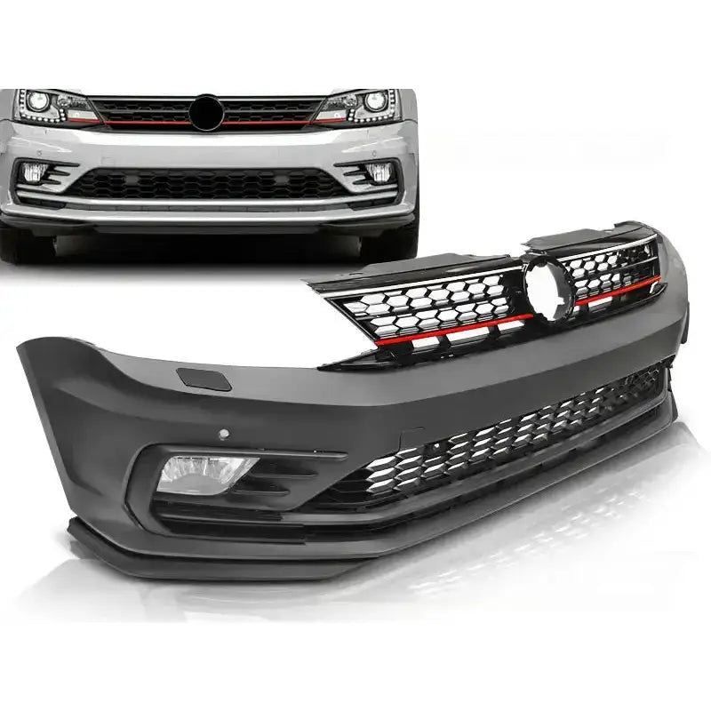 Støtfanger foran VW Jetta VI 14- GLI Style med svart grill, rød stripe og bikubemønster, sett skrått forfra.