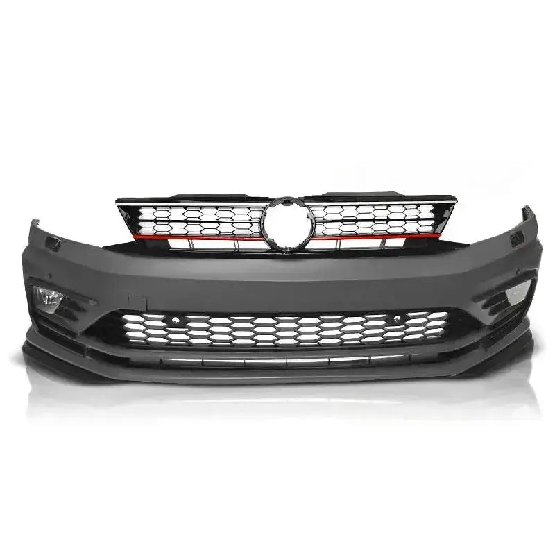 Front bumper til VW Jetta VI GLI Style med sort bikubemønstret grill og rød stripe, sett forfra.