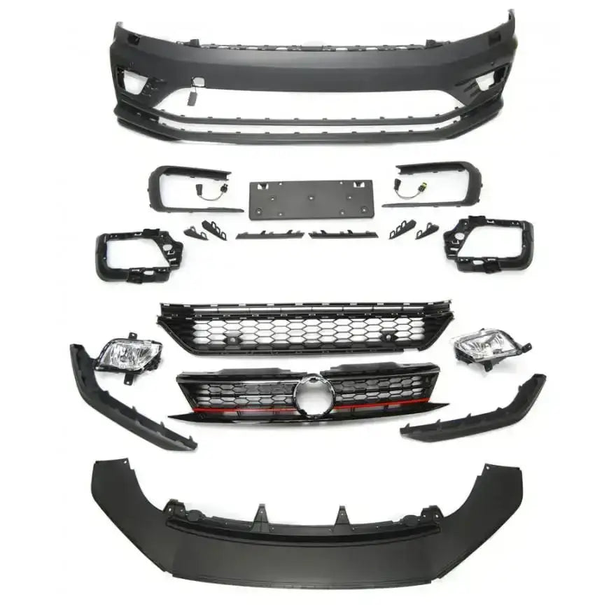 Frontfanger VW Jetta VI 14- GLI Style med grill, røde detaljer og lykter vist fra oven mot hvit bakgrunn.