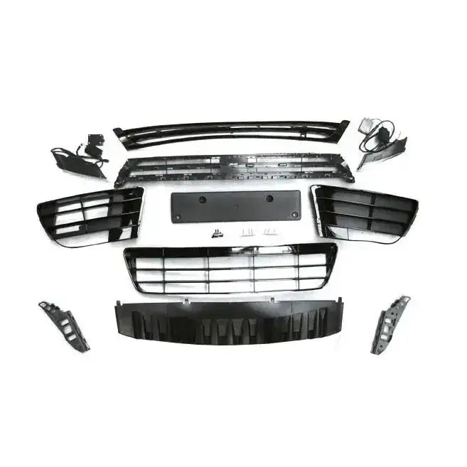 Frontfanger til Vw Scirocco 08-14 R Style med svart grill og komplette monteringsdeler mot hvit bakgrunn.