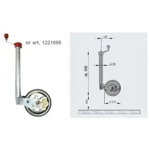 Støttehjul med lastindikator, sidevisning av sølvfarget hjul og støttearm med røde håndtak samt teknisk tegning.