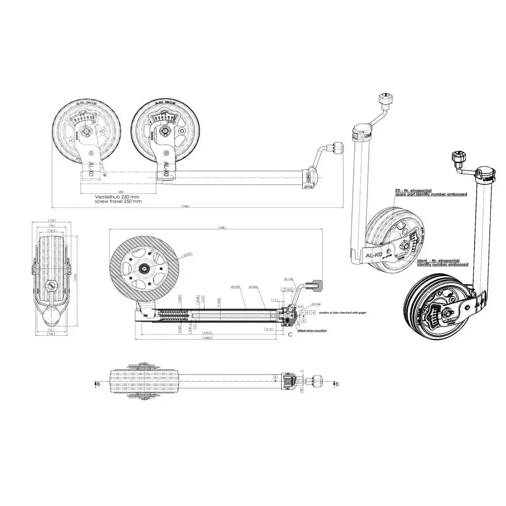 Støttehjul med lastindikator, teknisk tegning som viser justerbarhet, hjul og sveiv fra ulike vinkler.