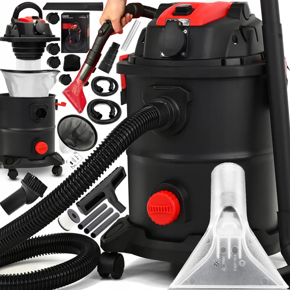 Støvsuger uten pose for gipsvask, sidebilde med tilbehør og hånd som holder munnstykke.