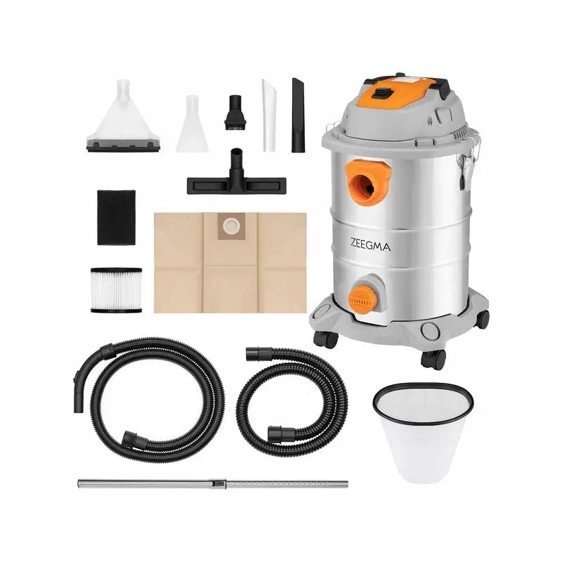 Støvsuger Zeegma Zonder Pro Multi 1600W, sidevisning med tilbehør som munnstykker, slanger og filtre.