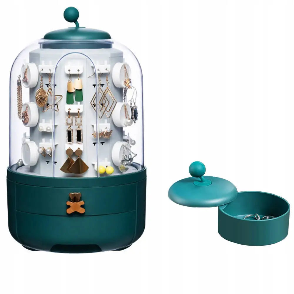 Strado smykkeskrin organizer i grønn plast med kuppel og rund boks, flere rom for smykker vises.