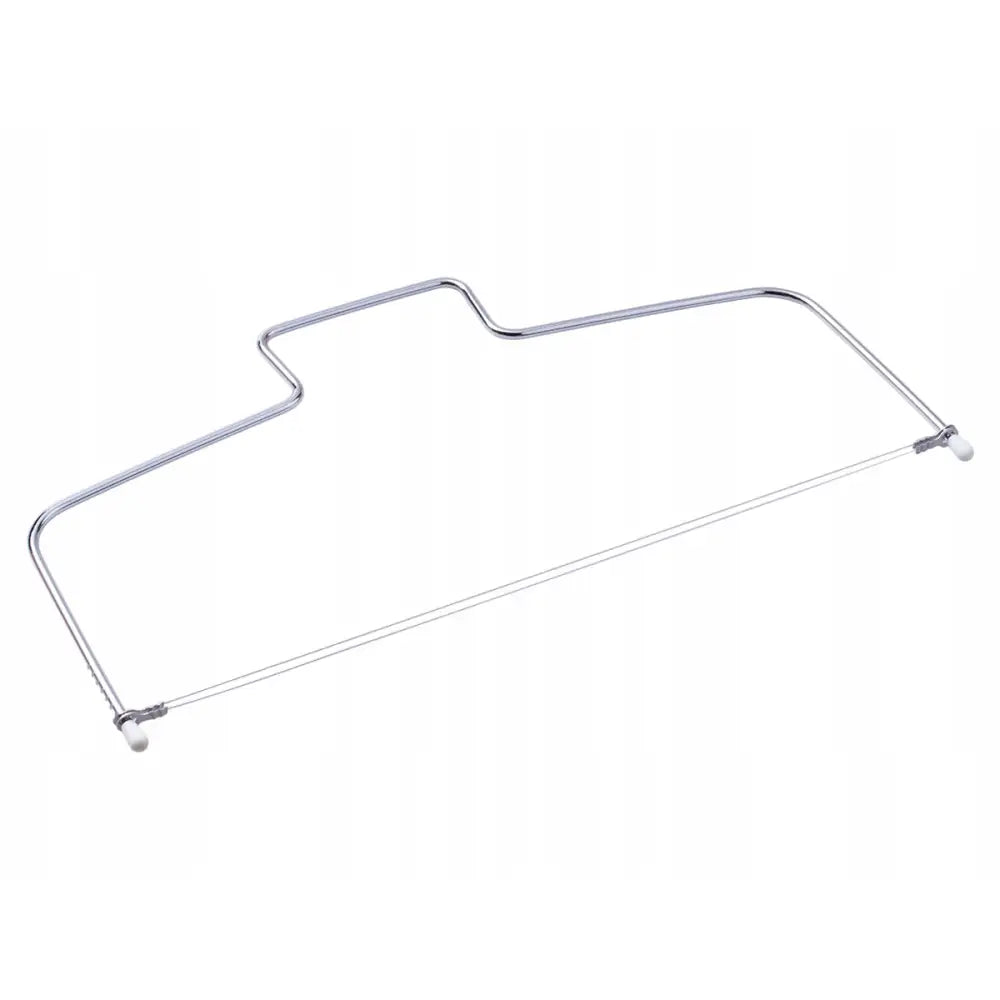 Strengkniv for skjæring av sjokoladekake, skrå visning med bølgende sølvramme og hvite plastknotter.